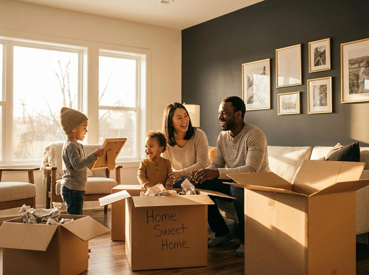Happy couple reviewing mortgage options in new home